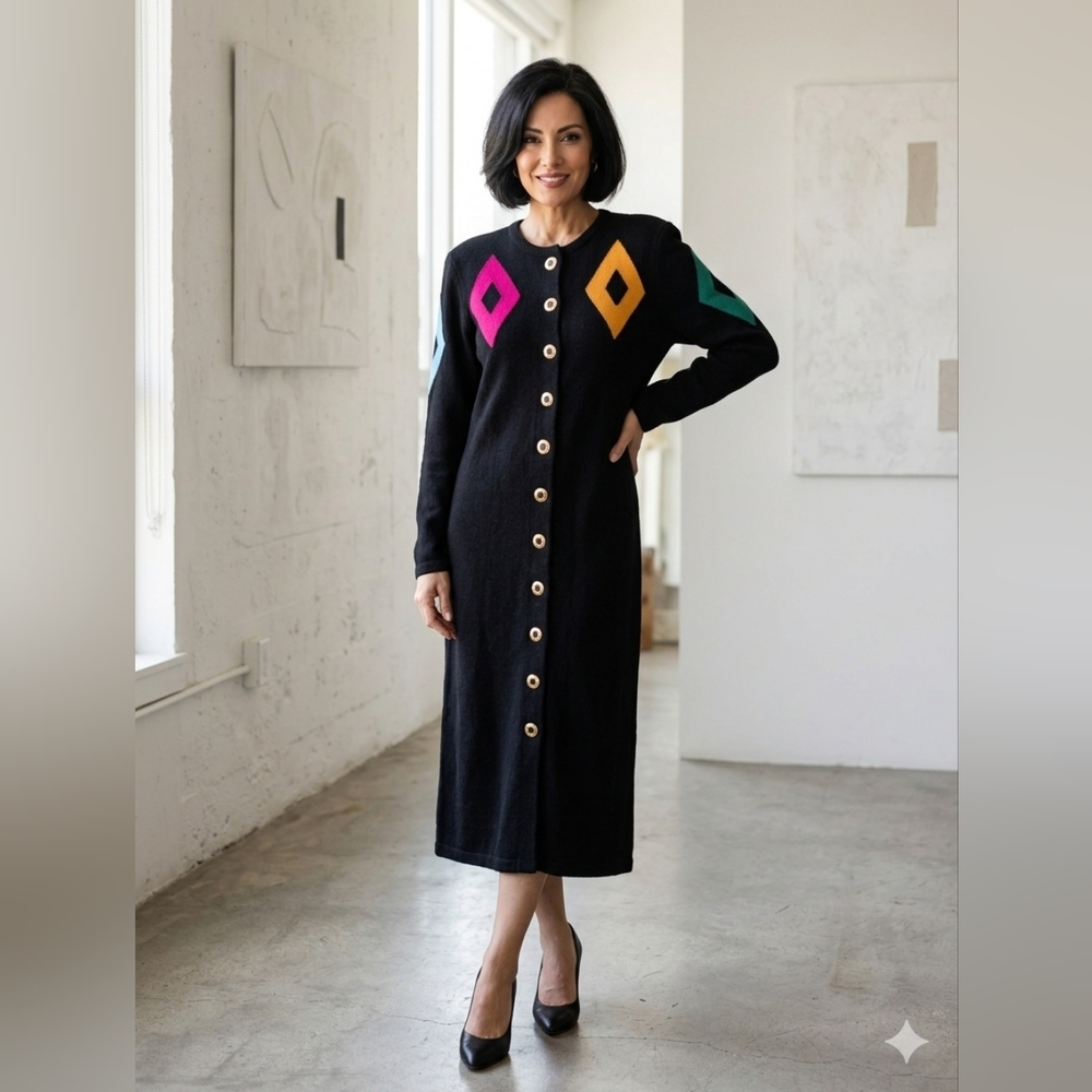 VTG Toula Black Harlequin Knit Midi Dress Gold Buttons Colorblock 80s/90s Small